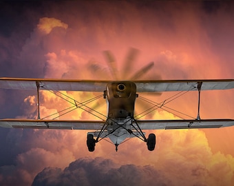 Vintage Biplane Print: Sunset Storm Clouds Aviation Art