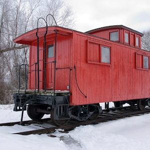 Red Train Caboose in Winter by Whitehall Michigan No.008 a Fine Art Train Photograph image 1