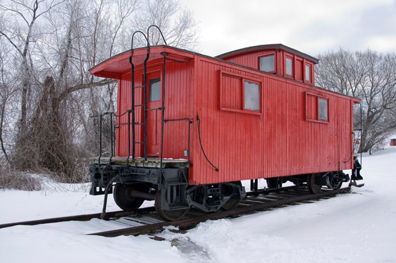 Red Train Caboose in Winter by Whitehall Michigan No.008 a Fine Art Train Photograph image 1