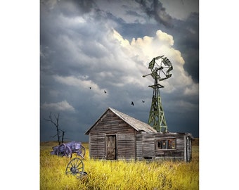 Abandoned Homestead with Windmill and Broken Down Farm Wagon in an Americana Prairie Landscape, Rural Farmhouse Americana Wall Decor Print