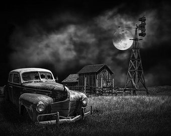 Moon Light-Rusted Automobile-Old Car-Vintage Auto Print-Rustic Barn-Farm Windmill-Prairie Farm-Weathered Barn-Rural Landscape-Art Photograph