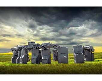 Car Henge in Alliance Nebraska modeled after England's Stonehenge with Old Junk Autos which were painted Gray, Fine Art Landscape Photograph