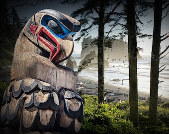 Totem Pole by the Ocean Beach Shore in the Pacific Northwest No.34 Indigenous Tribal Cultural First Nation Landscape Fine Art Photography