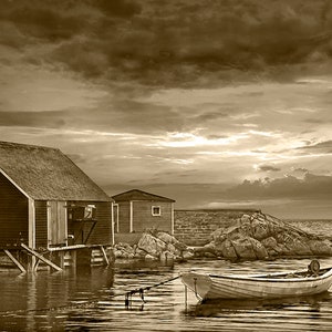 Peggy's Cove Sunset Print: Nova Scotia Harbor Seascape Wall Art Sepia Tone