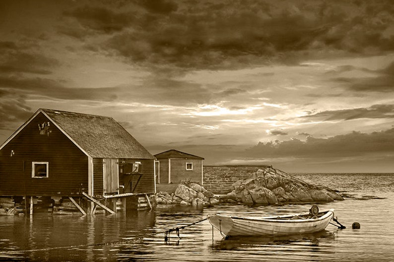 Peggy's Cove Sunset Print: Nova Scotia Harbor Seascape Wall Art Sepia Tone