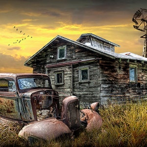 Abandoned Automobile Wreck and Weathered Barn Farmhouse Wall Decor, Americana Farm Scene, Rural Country Photograph, Rustic Fine Art Wall Art