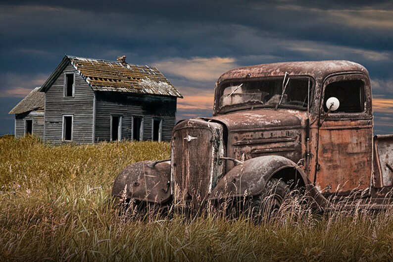 Abandoned Farm House and Rusty Pickup Truck on the Prairie - Etsy