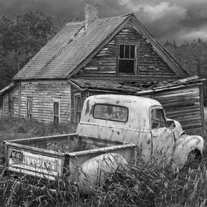 Decline and Decay of a Small Forlorn Farm and Chevy Pickup Truck in either Black & White or Sepia No.3 Fine Art Photography