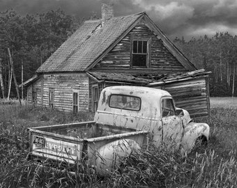 Decline and Decay of a Small Forlorn Farm and Chevy Pickup Truck in either Black & White or Sepia No.3 Fine Art Photography