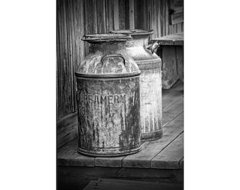 Milk Can Photo, Old Creamery Cans, Historical 1880 Town, Western Museum, South Dakota, Black and White Fine Art, Still Life Photography