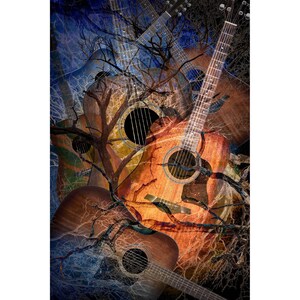 May include: A close-up of four acoustic guitars layered on top of each other. The guitars are brown and have a natural wood finish. The background is a dark blue and purple color with a pattern of branches.