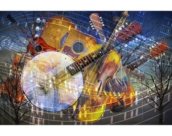 Country Musical Art with Banjo Guitar Fiddle, Bluegrass Folk Music, Americana Roots Music Art, Canvas and Metal Prints Available
