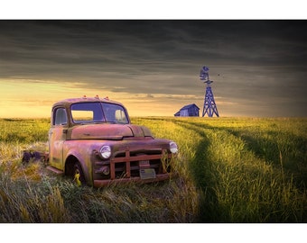 Abandoned Red Truck at Sunset with Barn and Windmill Americana Home Wall Decor, Rusty Pickup, Rustic Barn, Farm Windmill, Rural Landscape