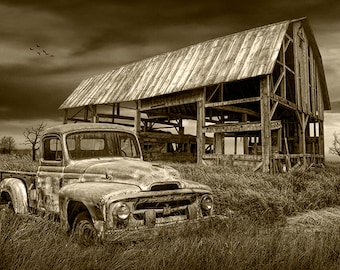 Rusted Red Truck Photograph: Americana Farm Landscape Art Print