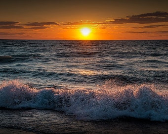 Lake Sunset, Lake Michigan, Great Lakes, Shore Waves, Wave Action, Point Betsie, Frankfort Michigan, Fine Art, Autumn, Seascape Photograph