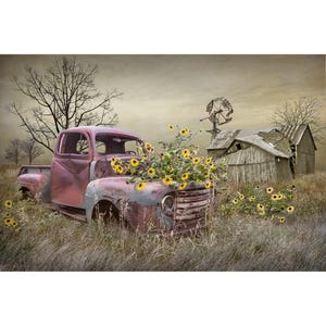 Abandoned Truck with Wild Flowers by Old Weathered Barn and Windmill in Americana Farm Scene, Rural Rustic Landscape Art, Home Wall Decor