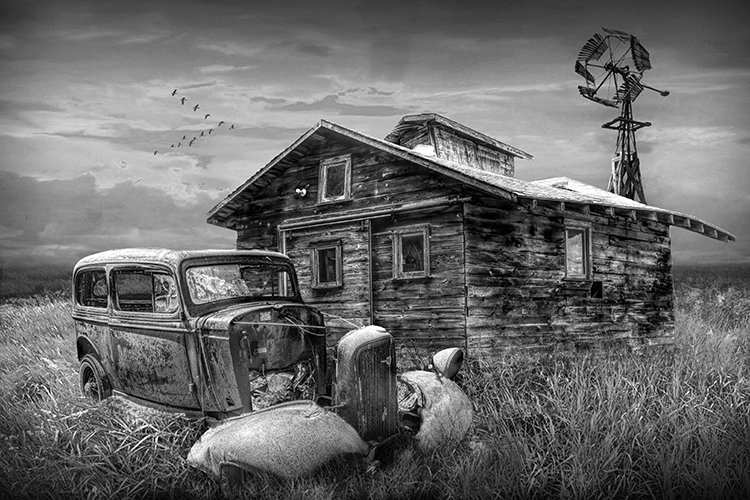 Americana Farm Scene Photograph: Rustic Barn, Abandoned Car - Fine