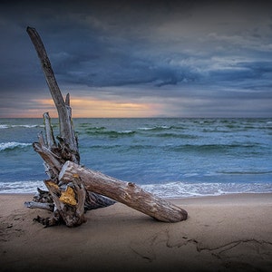 Lake Huron Sunrise Photograph: Oscoda Michigan Beach Driftwood Seascape
