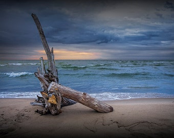 Great Lakes Sunrise, Sandy Beach, Beach Driftwood, Lake Huron, Oscoda Michigan, Michigan Photography, Nautical Fine Art, Seascape Photograph