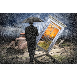 May include: A man in a dark suit walks through a stormy landscape holding an umbrella. A weathered wooden door with a sunset view is propped against a rusty car.