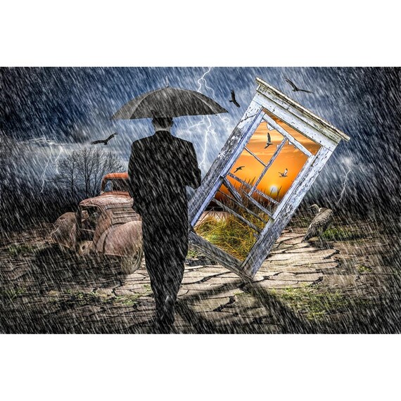 Surreal Thunderstorm Art Print: Man with Umbrella, Beach Sunset