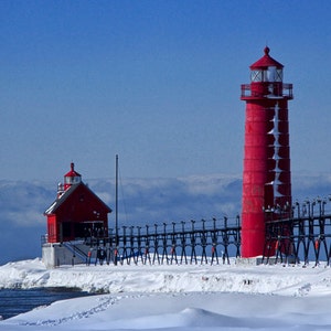 Winter at the Red Lighthouse in Grand Haven Michigan on the Snow Covered Lake Michigan Shore No.0111 A Fine Art Seascape Photograph image 1