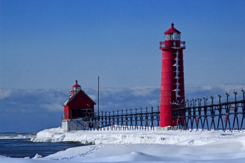 Winter at the Red Lighthouse in Grand Haven Michigan on the Snow Covered Lake Michigan Shore No.0111 A Fine Art Seascape Photograph image 1