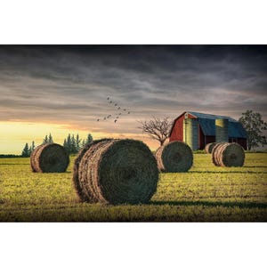 Red Barn Sunset Photo: Hay Bale Harvest, Rustic Farmhouse Decor