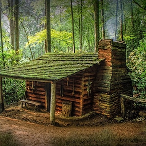 Appalachian Log Cabin Print: Smoky Mountains Forest Landscape Decor