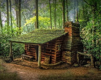 Appalachian Log Cabin Print: Smoky Mountains Forest Landscape Decor