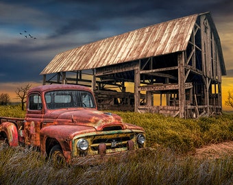 Red Pickup Truck by Old Weathered Barn, Rustic Landscape, Americana Farm Scene, Abandoned Farm, Rural Landscape, Auto Photograph, Wall Decor