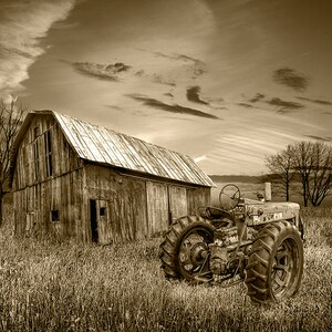 Sunset Farm Wall Art: Red Tractor, Weathered Barn Photograph Sepia Tone
