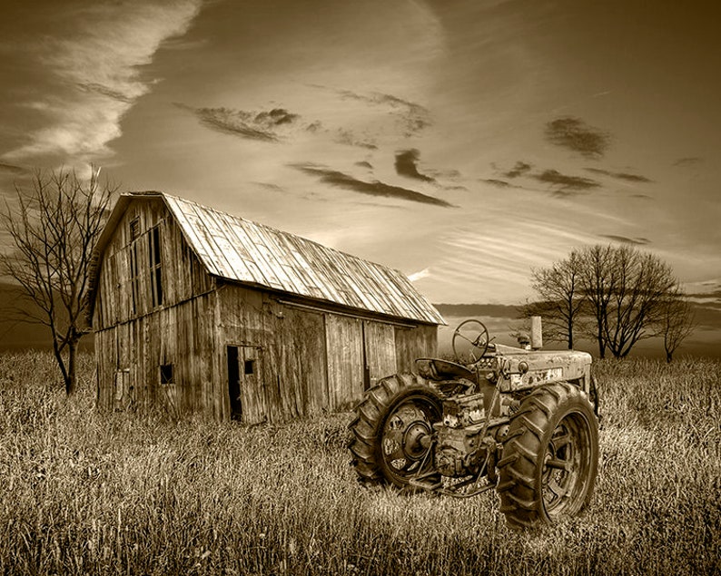 Sunset Farm Wall Art: Red Tractor, Weathered Barn Photograph Sepia Tone