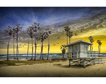 Lifeguard Station on a California Beach at Sunset in a Fine Art Seascape Wall Decor Photo, Color or Black and White or Sepia, Large Prints