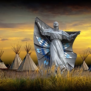 Sculpture Art called Dignity of Earth and Sky by the Missouri River near Chamberlain South Dakota, Indigenous Western Fine Art with Tepees image 2