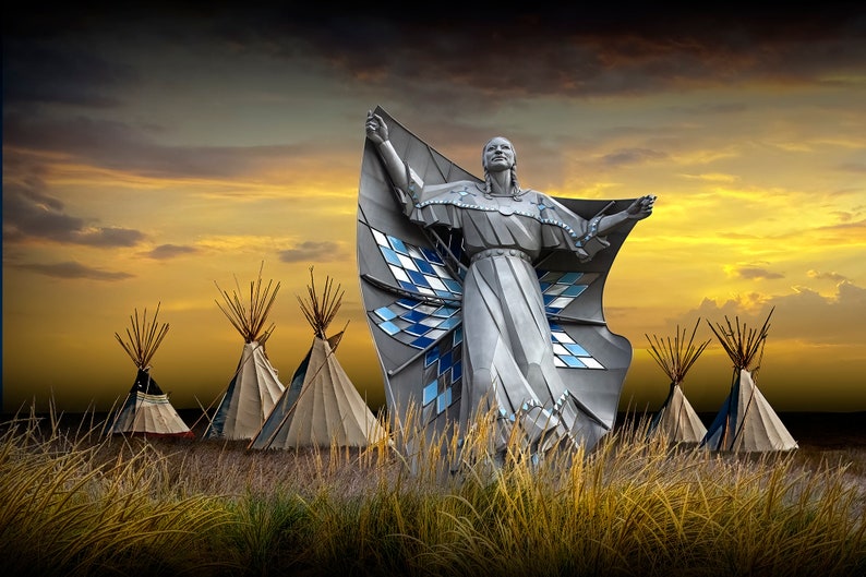 Sculpture Art called Dignity of Earth and Sky by the Missouri River near Chamberlain South Dakota, Indigenous Western Fine Art with Tepees image 2