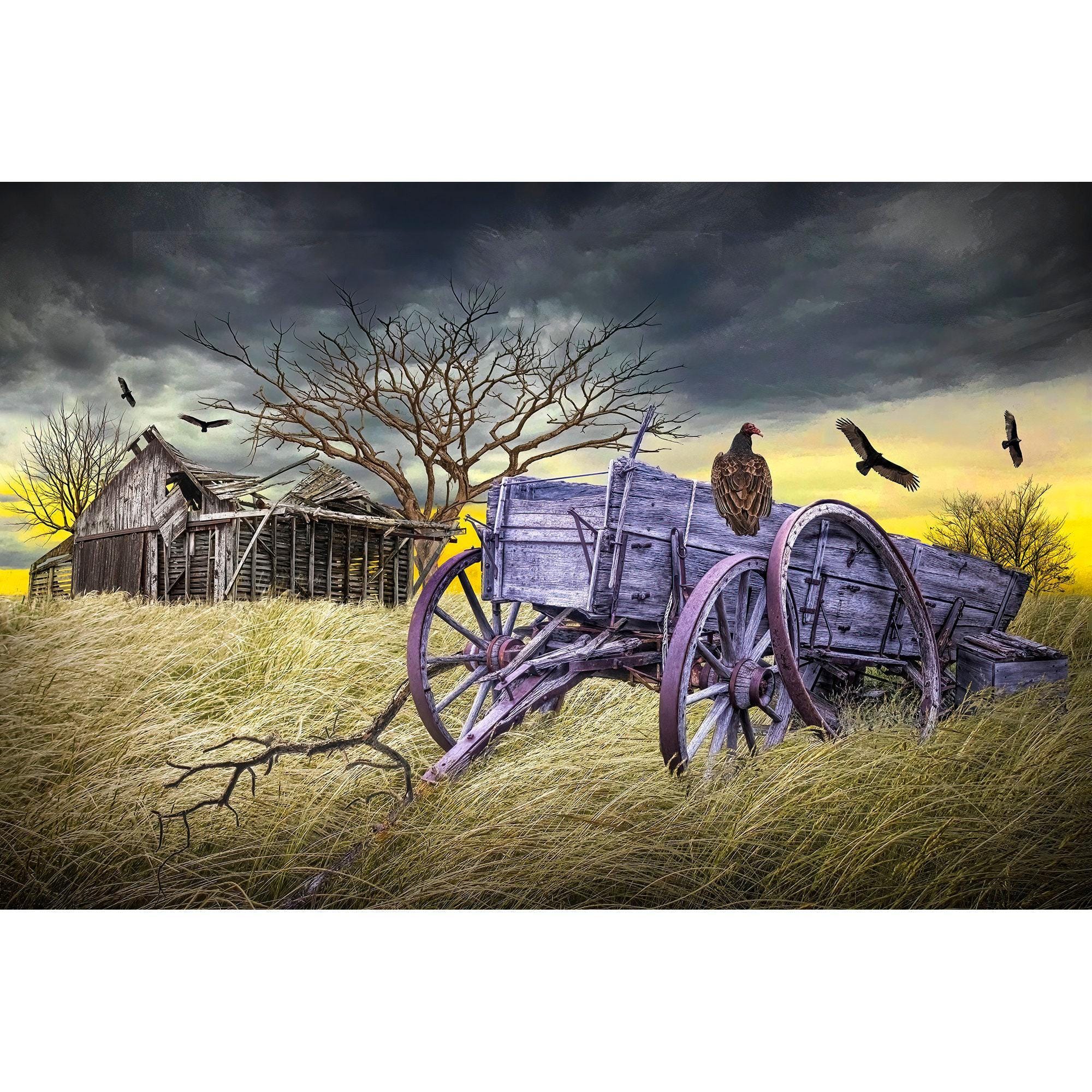 Americana Farmhouse Print: Prairie Landscape With Abandoned Wagon