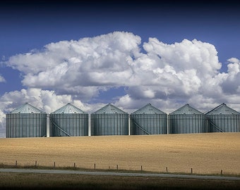 Steel Grain Storage Bins in Rural Saskatchewan Canada, Fine Art Canadian Photograph, Farming Agricultural Landscape Photograph, Canadian Art