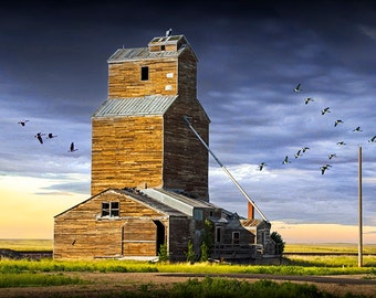 Harvest Grain Elevator on the Prairie in North Dakota with Flying Geese, A Fine Art Farming Agricultural Landscape Photograph, Americana Art
