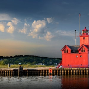 Big Red Lighthouse at Sunrise by Ottawa Beach at Michigan State Park by Holland Michigan No.812 Nautical Seascape Lighthouse Photography image 1