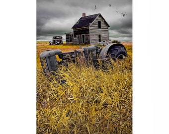 Abandoned Farm with Rusty Tractor Home Wall Decor, Old Farm House Landscape Photograph, Prairie Farm Fine Art, Room Wall Print, Canvas Wraps