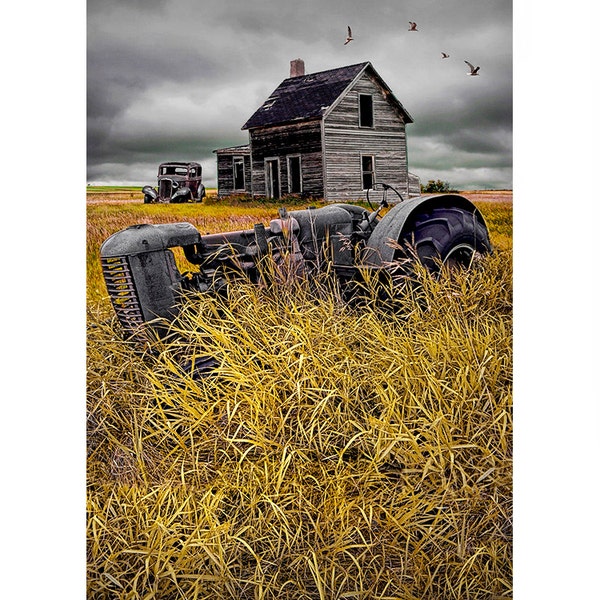 Abandoned Farm with Rusty Tractor Home Wall Decor, Old Farm House Landscape Photograph, Prairie Farm Fine Art, Room Wall Print, Canvas Wraps