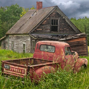 Rusty Red Pickup Truck Abandoned Farm House Homestead, Rural Americana Landscape, Rustic Auto Photograph, Giclée and Canvas Prints available image 1