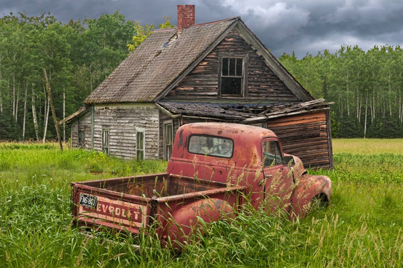 Rusty Red Pickup Truck Abandoned Farm House Homestead, Rural Americana Landscape, Rustic Auto Photograph, Giclée and Canvas Prints available image 1