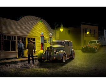 After Dark with Vintage Automobiles at the Gas Station, Historic Retro Filling Station, Auto Collectors Wall Art, Canvas Wraps Metal Prints