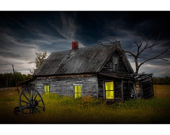 Weathered Rural Farm House at Dusk, Americana Country Landscape, Stormy Dark Sky, Fine Art Photograph