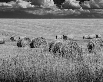 Straw Hay Bales in Black and White on a Summer Harvest Field in Montana with Clouds No.BW6250 A Fine Art Agricultural Landscape Photograph