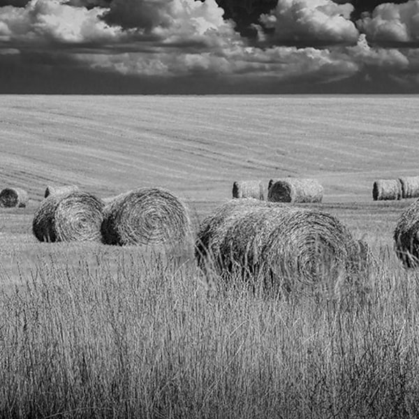 Straw Hay Bales in Black and White on a Summer Harvest Field in Montana with Clouds No.BW6250 A Fine Art Agricultural Landscape Photograph