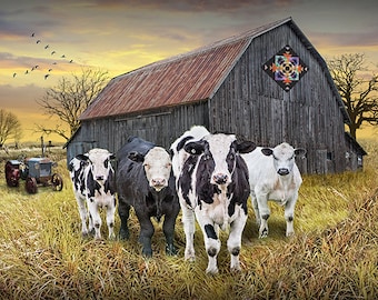Cattle and Barn with Quilt Art Rustic Farmhouse Decor Photograph, Agricultural Dairy Farm Country Photograph, Rural Country Art Photograph