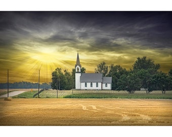 Easter Sunrise  at a Rural Country Church on the Prairie, House of Worship, Americana Religious Wall Art, Christian Church Home Wall Decor